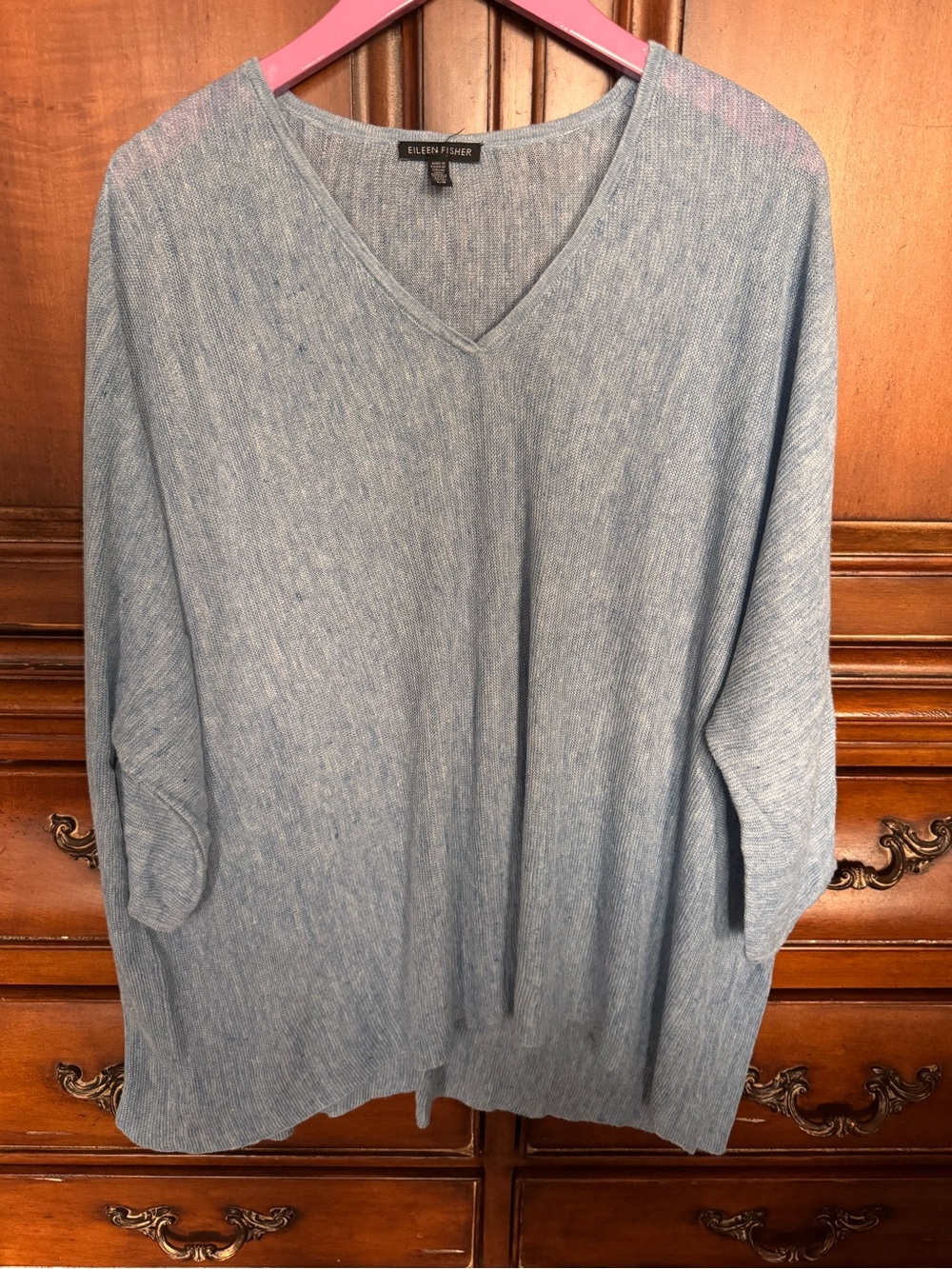 Eileen Fisher Light Blue Heathered Washable Organic Linen V-Neck Sweater